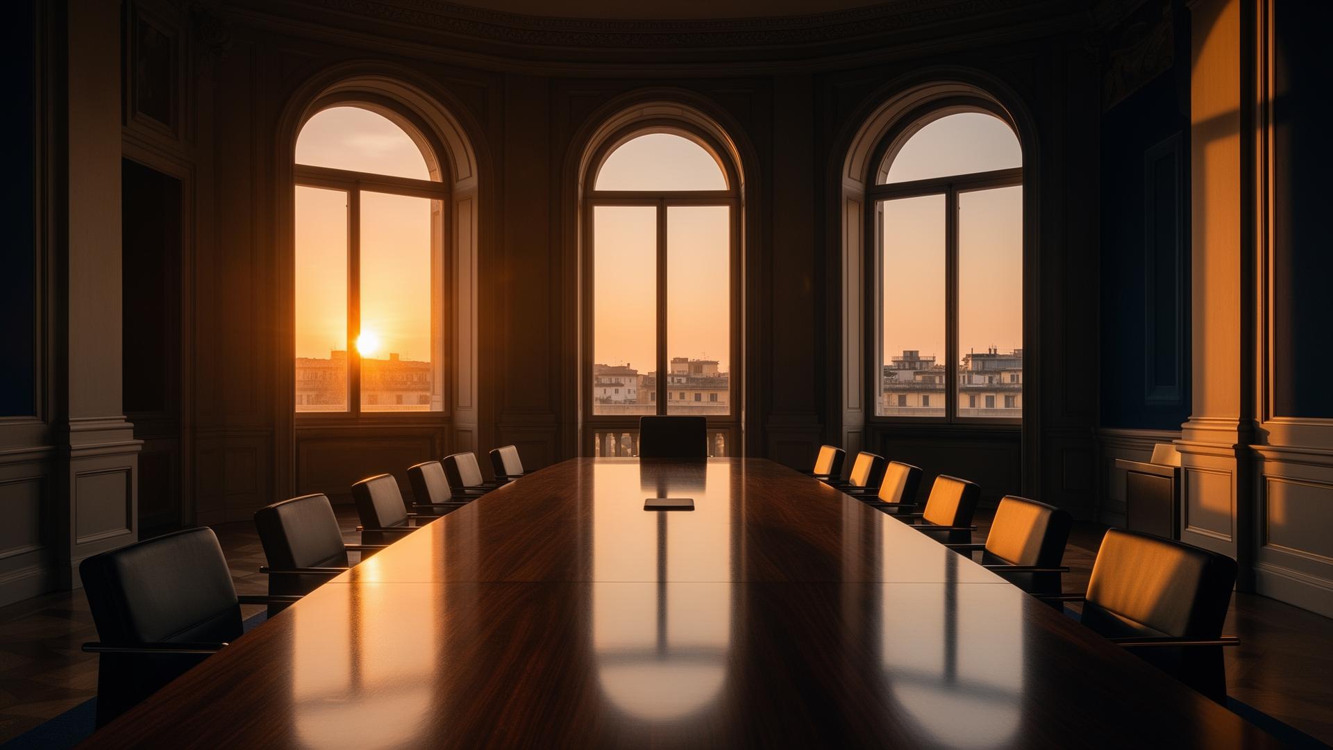Empty executive boardroom at golden hour